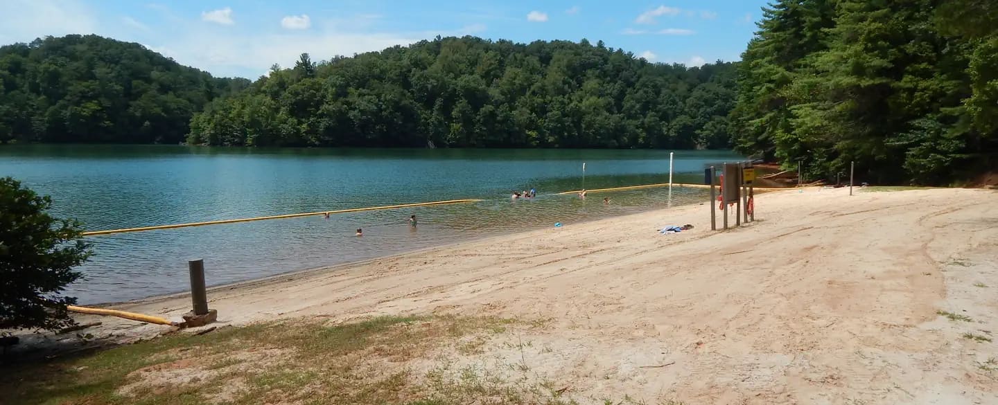 Large sandy beach and roped-off swim area at Horseshoe Point.